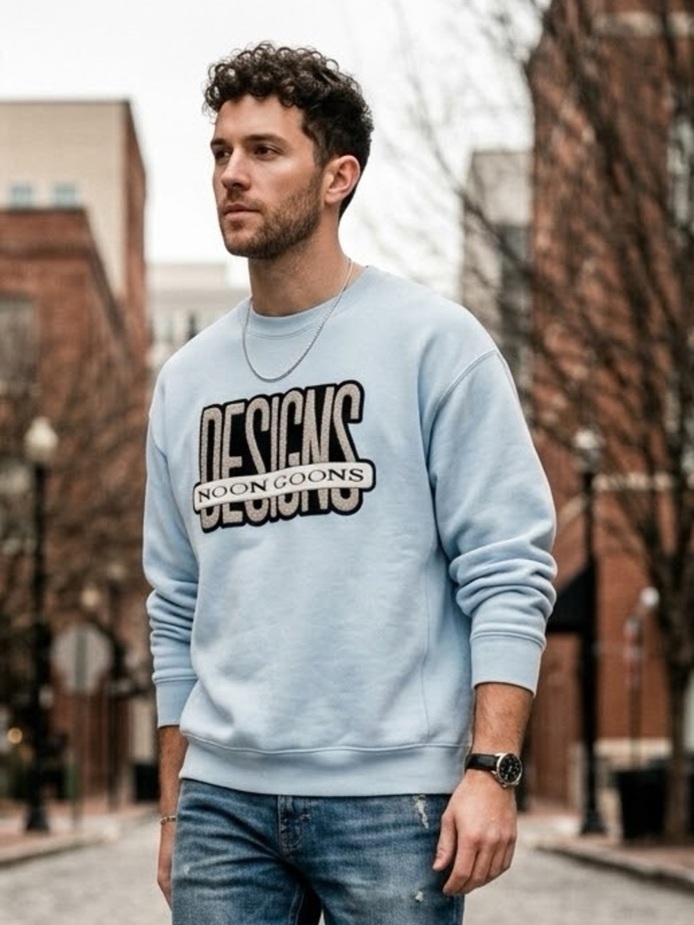 Noon Goons Men’s Logo Embellished Cotton Crewneck Sweatshirt Light Blue Xl